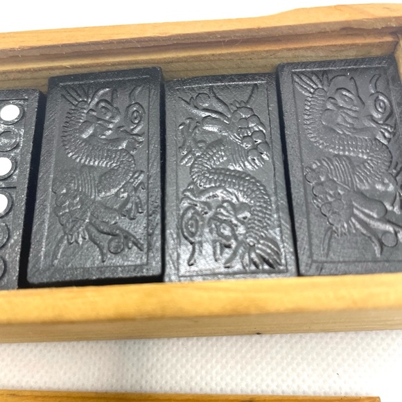 VINTAGE Wooden Black Domino Set In Wooden Box DRAGON Design - Picture 5 of 5